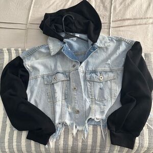 Denim Distressed Jacket with Black Cotton Sleeves